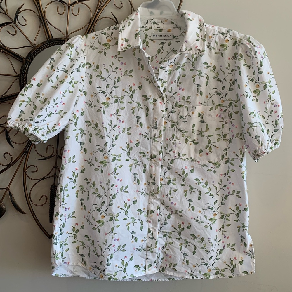 Athena White Floral Top with Green Leaves Cottagecore